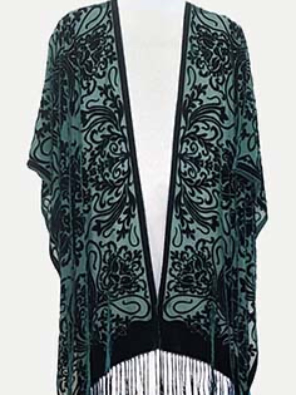 Turquoise/black burnt-out velvet fringed kimono top